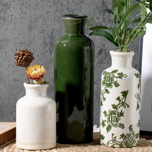 LIFESTYLO Ceramic Vintage Vase Set of 3, Green and White Crackle Glaze, Chinoiserie Floral Decor for Farmhouse Shelf, Table Centerpiece, Mantel, Living Room & Office
