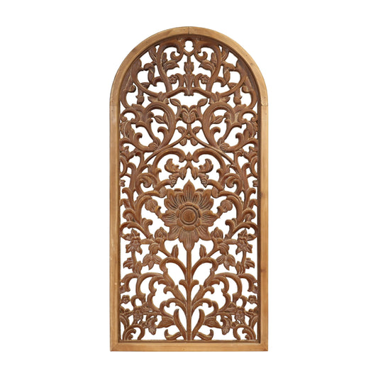 WREVERW Rustic Boho Arched Wood Wall Art, Hand-Carved Floral Panel with Distressed Brown Finish, Vintage Farmhouse Hanging Wall Sculpture for Living Room Bedroom Entryway, 15" x 31"