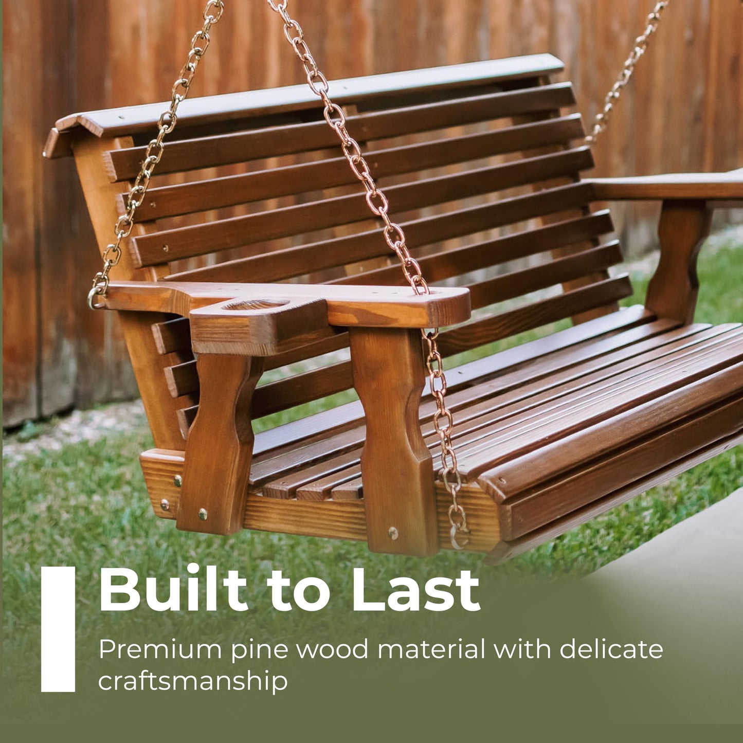 Amish Casual Heavy Duty 700 Lb Capacity Porch Swing with Cup Holders (4 Foot, Unfinished) – Wooden Outdoor Roll Back Swing with Hanging Chains – Amish Made in the USA