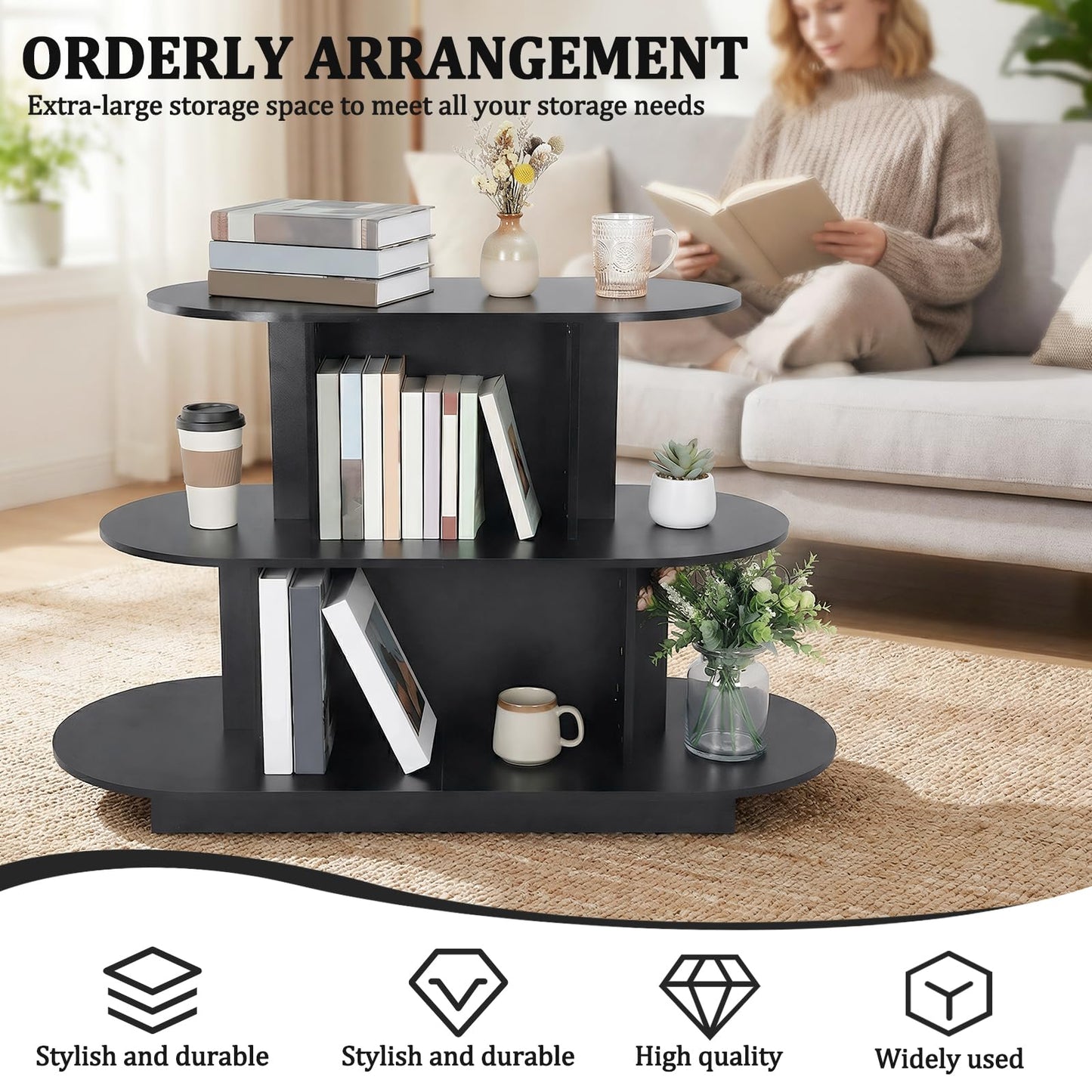 ASIEIT 3 Tier Wooden Oval Display Table Modern Standing Display Riser Shelf Retail Table for Stores Vendor Events 55in W x 23.6in D x 35in H (Black)