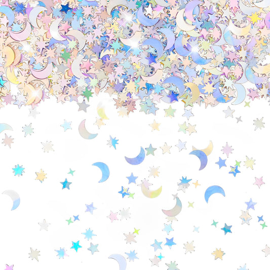 4000 Pcs Star Confetti, Glitter Confetti, Holographic Metallic Star Glitter, Holographic Moon for Party Decorations, Wedding, Birthday, Festival, DIY, Unicorn Theme, Silver, 10mm