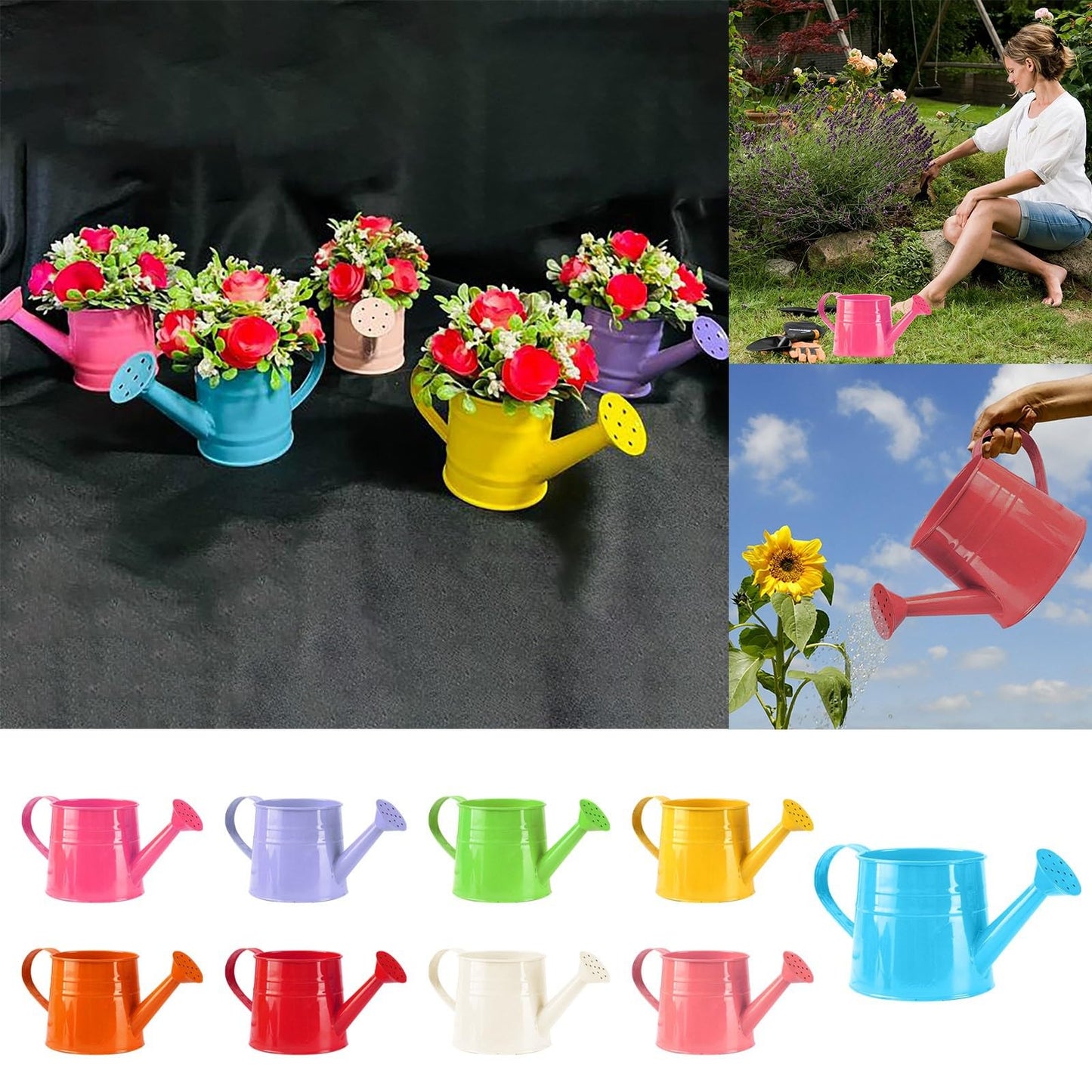 Metal Watering Can Gardening Tool Accessories, 1L Garden Watering Bucket Sprinkler Iron Watering Can for Outdoor Indoor Plants Lawn Garden (Blue)