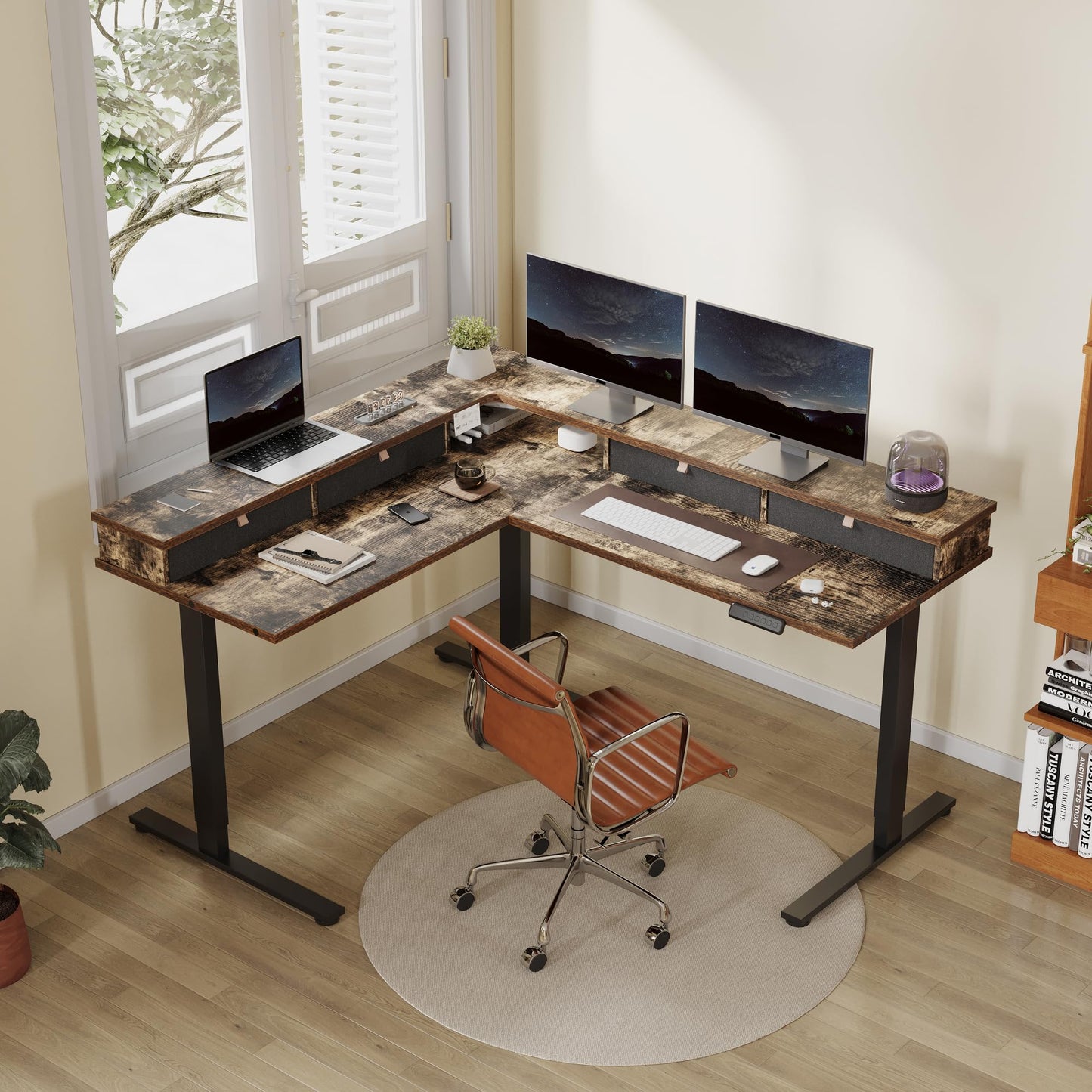 FLEXISPOT 63" L Shaped Standing Desk Electric Corner Table with Shelf, 4 Storage Drawers, Adjustable Computer Workstation for Home, Office, Game, Studio, Rustic Brown Top + Black Frame