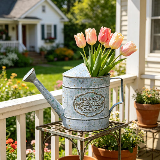 Vintage Galvanized Metal Watering Can, Magnolia Greenhouse Design, Decorative Watering Pot, Functional Garden Waterer for Indoor Outdoor Plant Care, Rustic Decor for Home Garden Patio