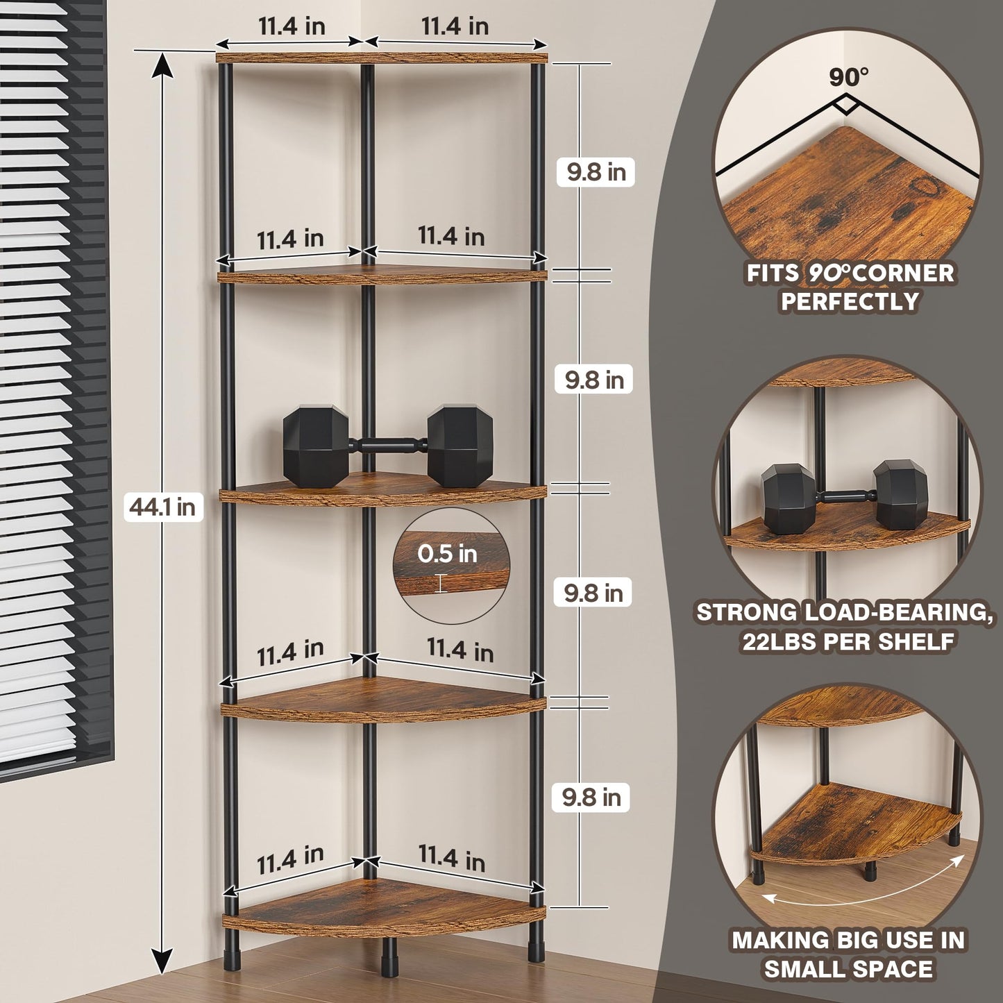 Greatseas Corner Plant Stand Shelf, 5 Tier Tall Shelf Plant Stand for Indoor Plants, Rustic Brown Corner Bookshelf Wall Decor Living Room, 44.1" Display Shelf for Bedroom, Bathroom, Small Space