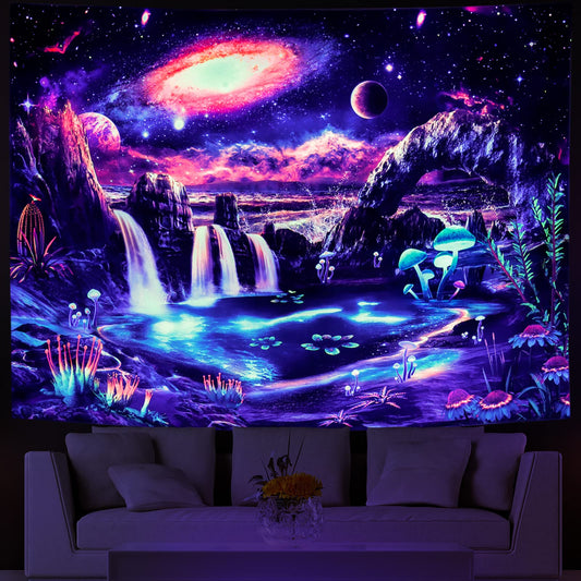 Lahasbja Blacklight Galaxy Planet Tapestry UV Reactive Waterfall Landscape Tapestry Mountain Wave Wall Tapestries Neon Nebula Plants Wall Hanging for Room