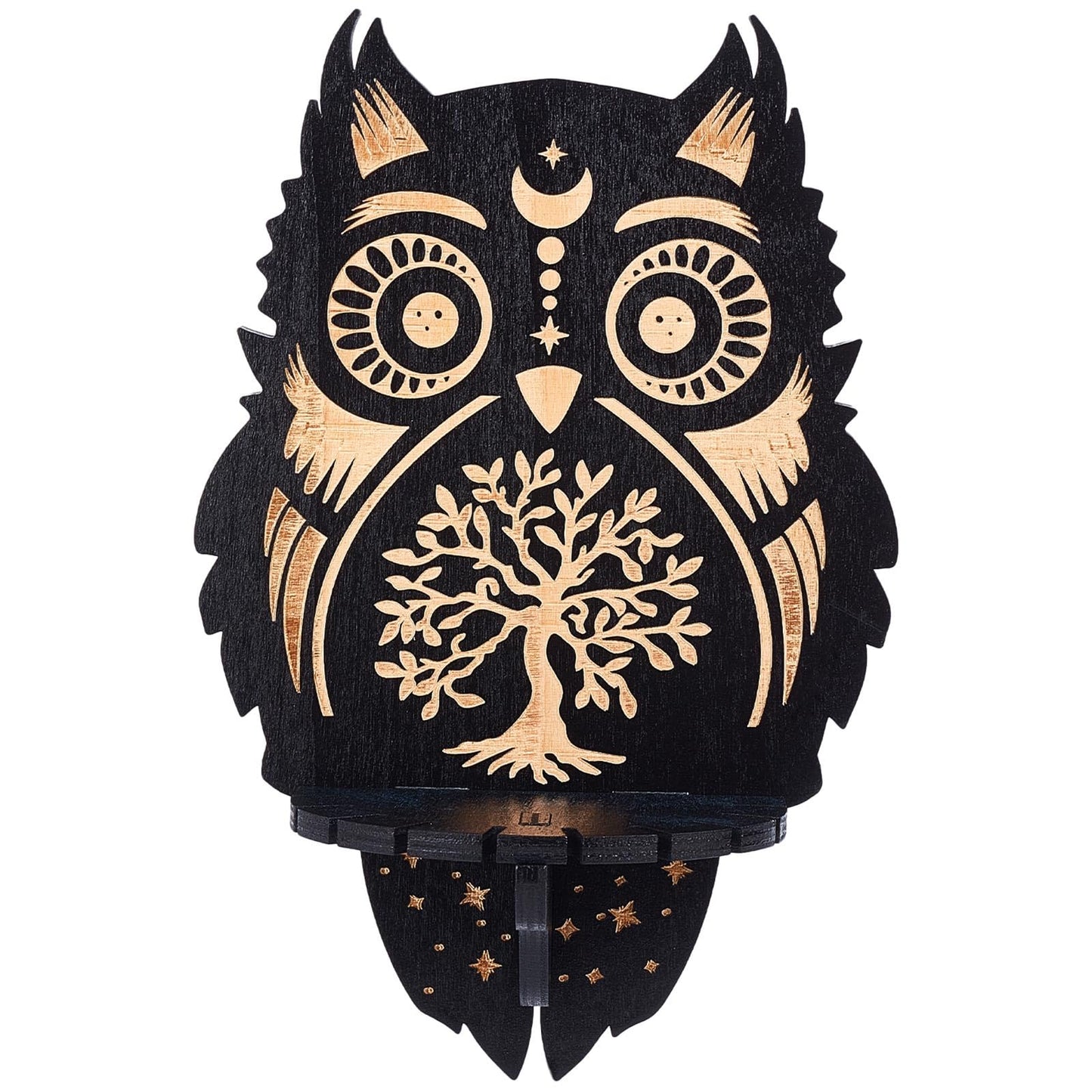 CREATCABIN Crystal Display Shelf Wooden Crystal Wall Shelves Owl Tree of Life Wall Decor Floating Holder Storage Shelf Hanging Altar Witchy Stuff for Stones Essential Oil Spiritual Gift Black 8x6Inch