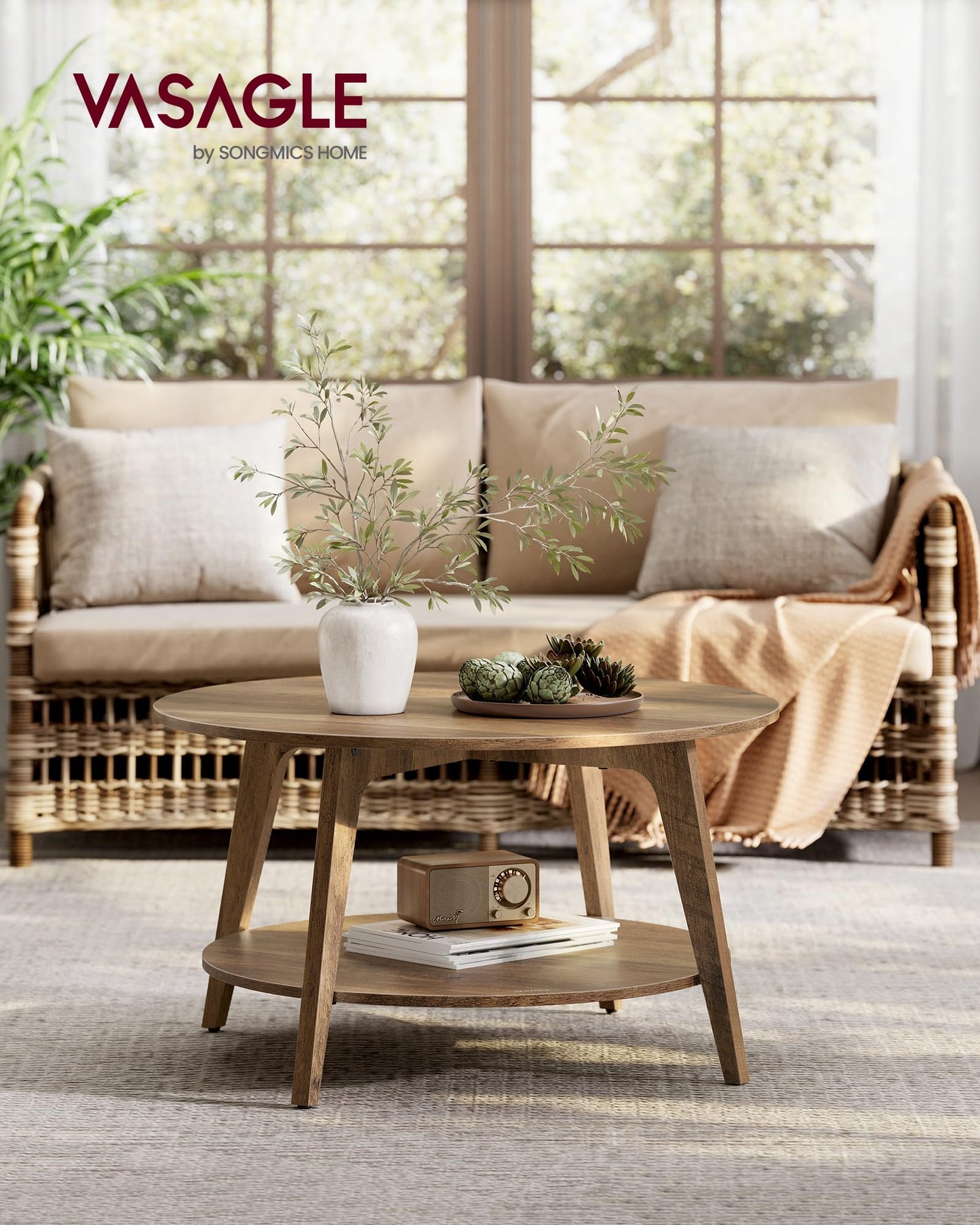 VASAGLE MAEZO Collection - Round Coffee Table, 2-Tier Center Table with Storage, Tapered Legs, Curved Transitions, 31.5 Dia. x 17.7 H Inches, Easy Assembly, for Living Room, Honey Brown ULCT243K41