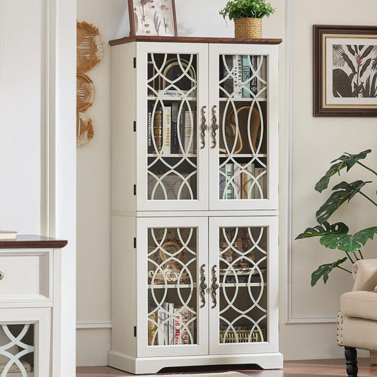 Joaxswe 67" Tall Bookshelf, Vintage Book Shelf with Glass Doors, 5-Tier Wood Bookcase with Adjustable Storage Shelves, Freestanding Rustic Curio Display Cabinet for Living Room, Office, Antique White