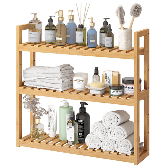 FILWH Bamboo Organizer Rack - Adjustable 3-Tier Storage Shelf, Wall Mounted or Over The Toilet, Living Room, Kitchen (Natural)