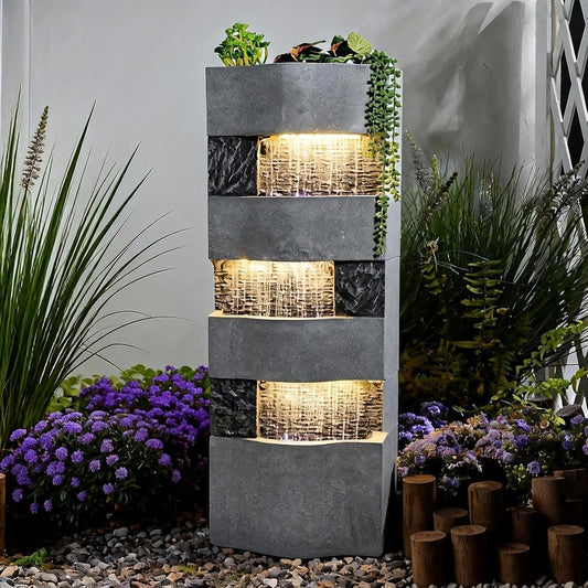 Sunlinua 40.5" H Modern Outdoor Water Fountain with LED Lights – Tall Garden Waterfall Fountain for Patio, Yard, Landscape or Indoor Decor, 4 Tiers Floor Standing Waterfall Outdoor Fountains