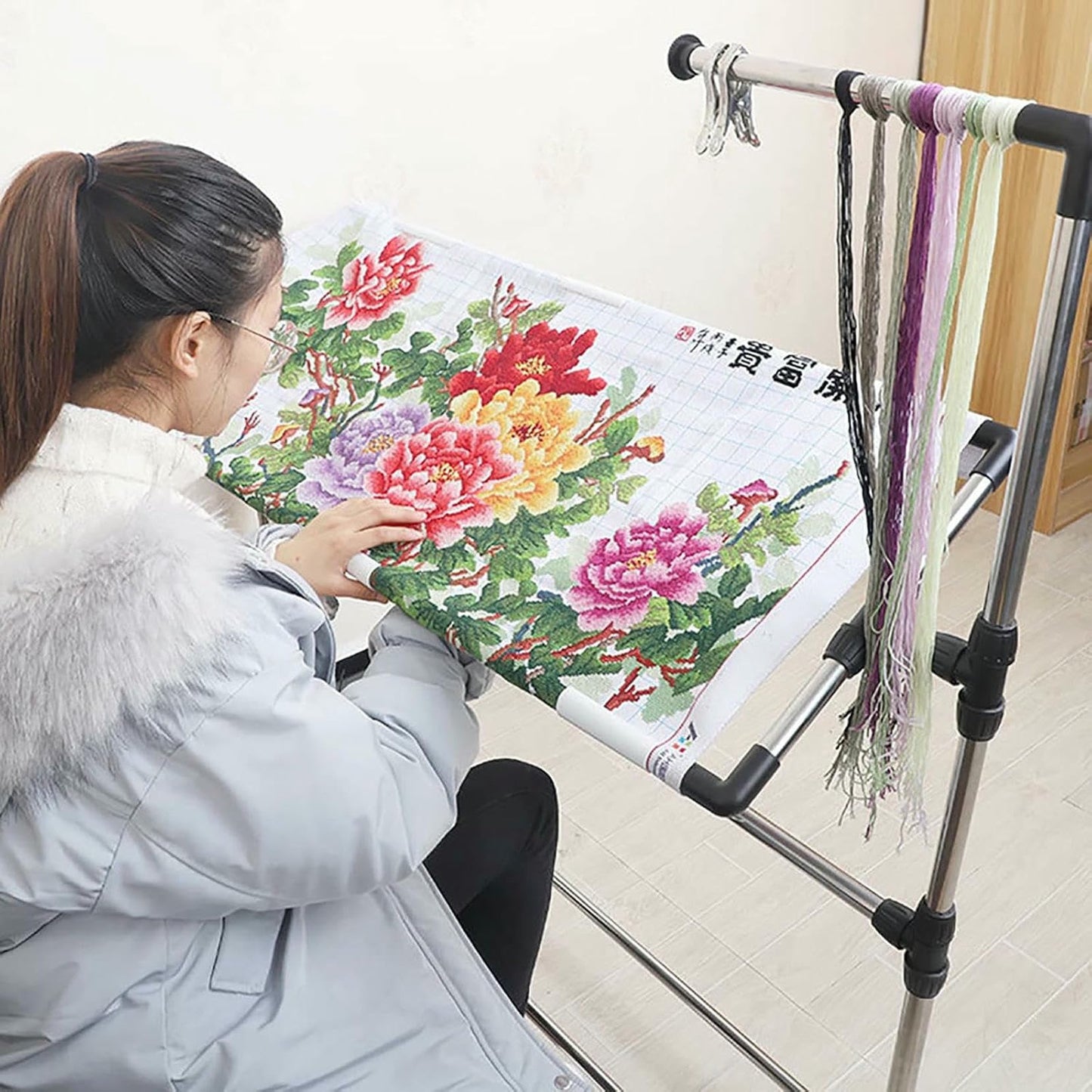 Adjustable Embroidery Stand - Needlework Floor Frame for Cross Stitch Craft, Height Adjustable Lap Table for Art Sewing Holder, Standing Embroidery Tool for Increased Comfort and Precision~/