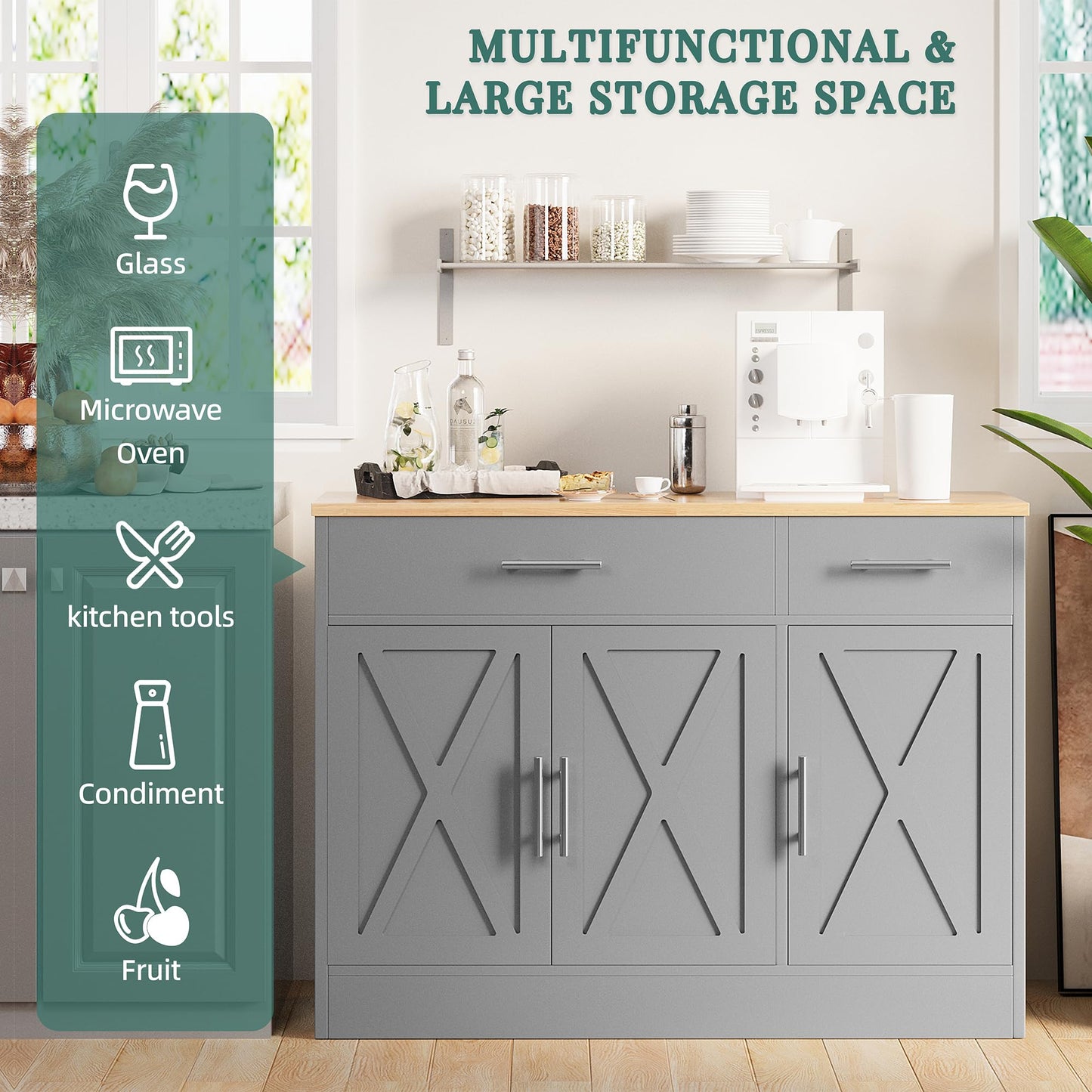 Shintenchi Modern Farmhouse Sideboard Buffet Cabinet with Storage with 3 Doors,42" Barn Doors Buffet Cabinet with Storage,Wood Coffee Bar Cabinets with Adjustable Shelf for Kitchen,Living Room,Grey