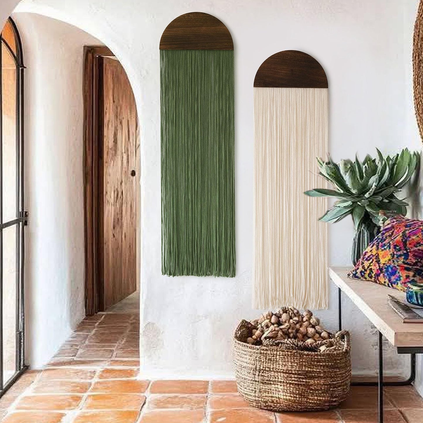 Flber 2 Pcs Macrame Wall Hanging Boho Decor Wall Tapestry Handmade Round Tassel 13.7" W x 51" L For Living Room Bedroom Headboard Decor