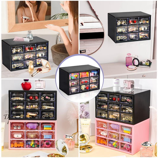 Desk Storage Organizer with 9 Drawers, FODIENS Stackable Desktop Craft Drawer Cabinet, Clear Storage Box Caddy for Makeup Jewelry Office Craft Supplies (9.84×6.3×5.9in) (Black)