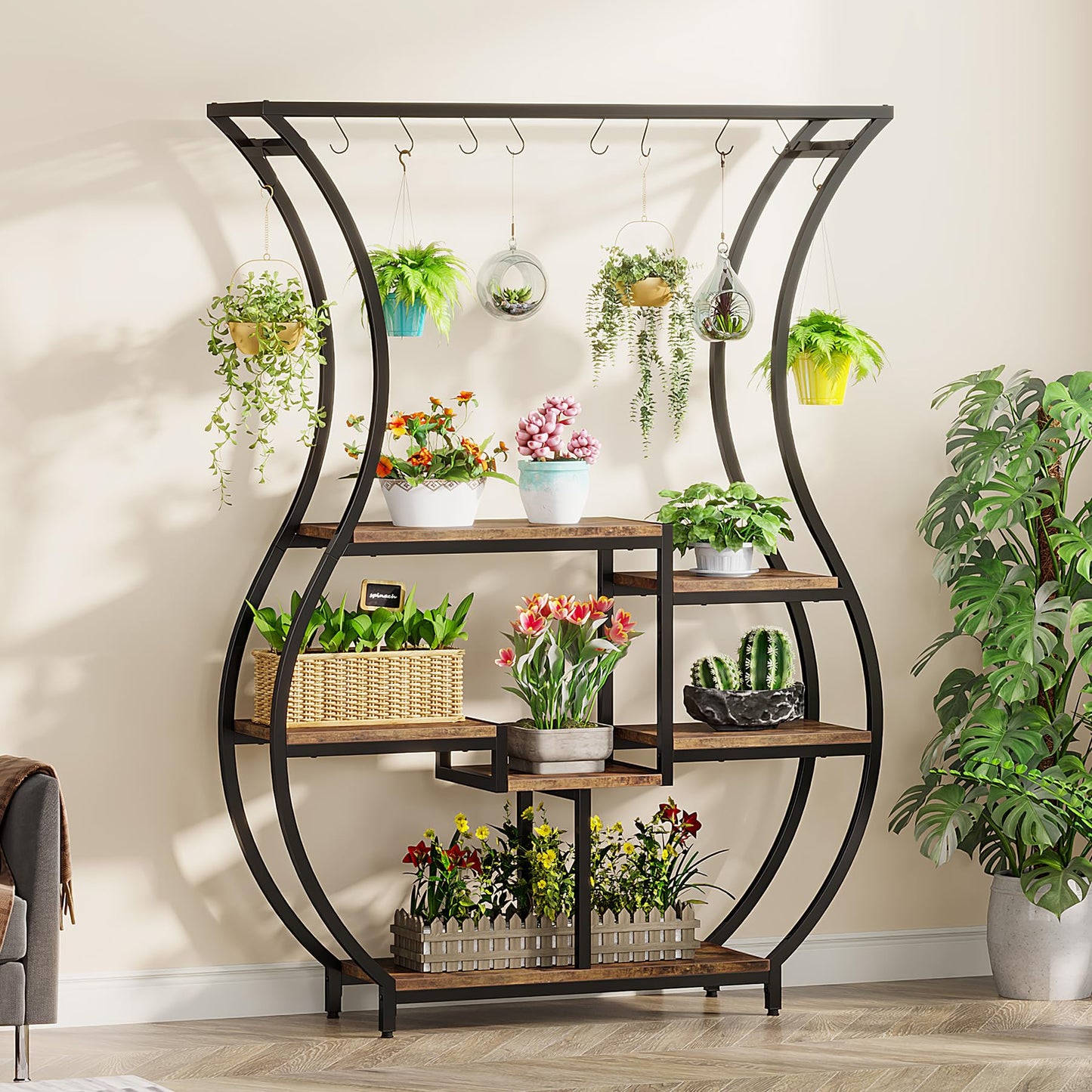 Tribesigns 6-Tier Plant Stand, 70.9 Inch Tall Plant Shelf with 10 Hanging Hooks, Vase Shape Ladder Plant Stand, Multi-Purpose Plant Display Rack for Indoor, Balcony, Living Room, Brown and Black
