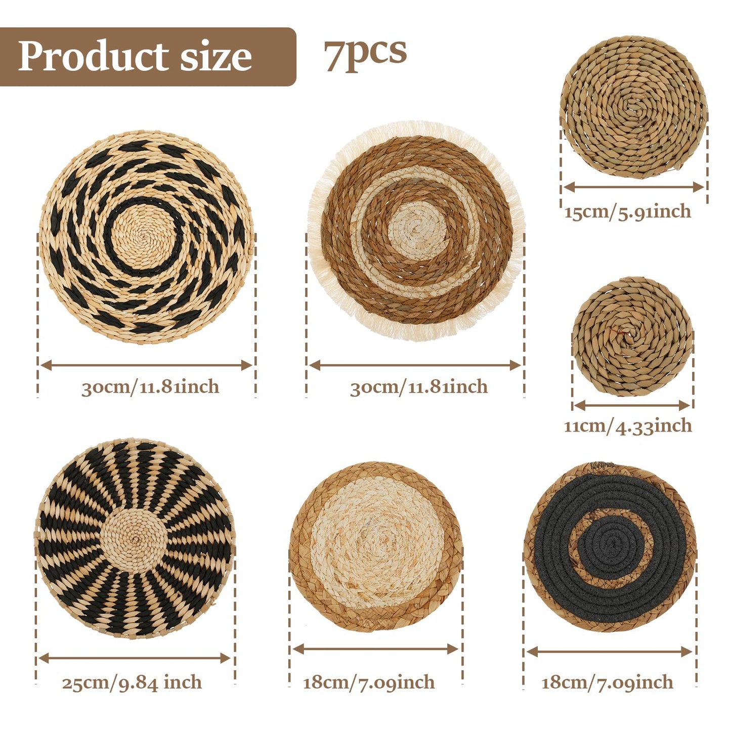 PieJoFpy 7 Pcs Boho Wall Art Decor Hanging Handcrafted Seagrass Woven Basket Wall Decor Round Bohemian Basket Wall Art Set for Farmhouse Home Room Rustic Decorations Table, Multi Sizes
