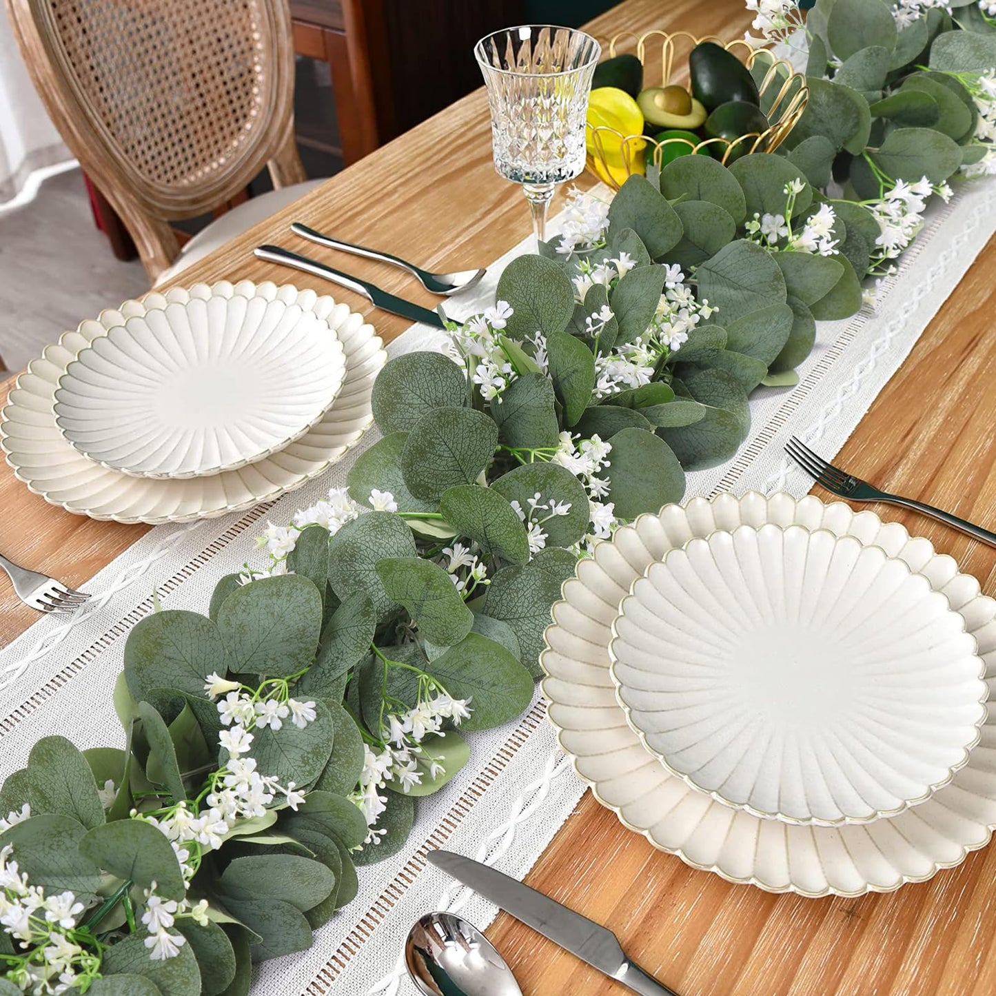 KHOYIME Eucalyptus Garland with White Flowers, 2 Packs 5.9Ft Artificial Silver Dollar Eucalyptus Leaves Plant Fake Greenery Hanging Ivy Vines Faux Wreath for Wedding Arch Party Mantle Table Home Decor