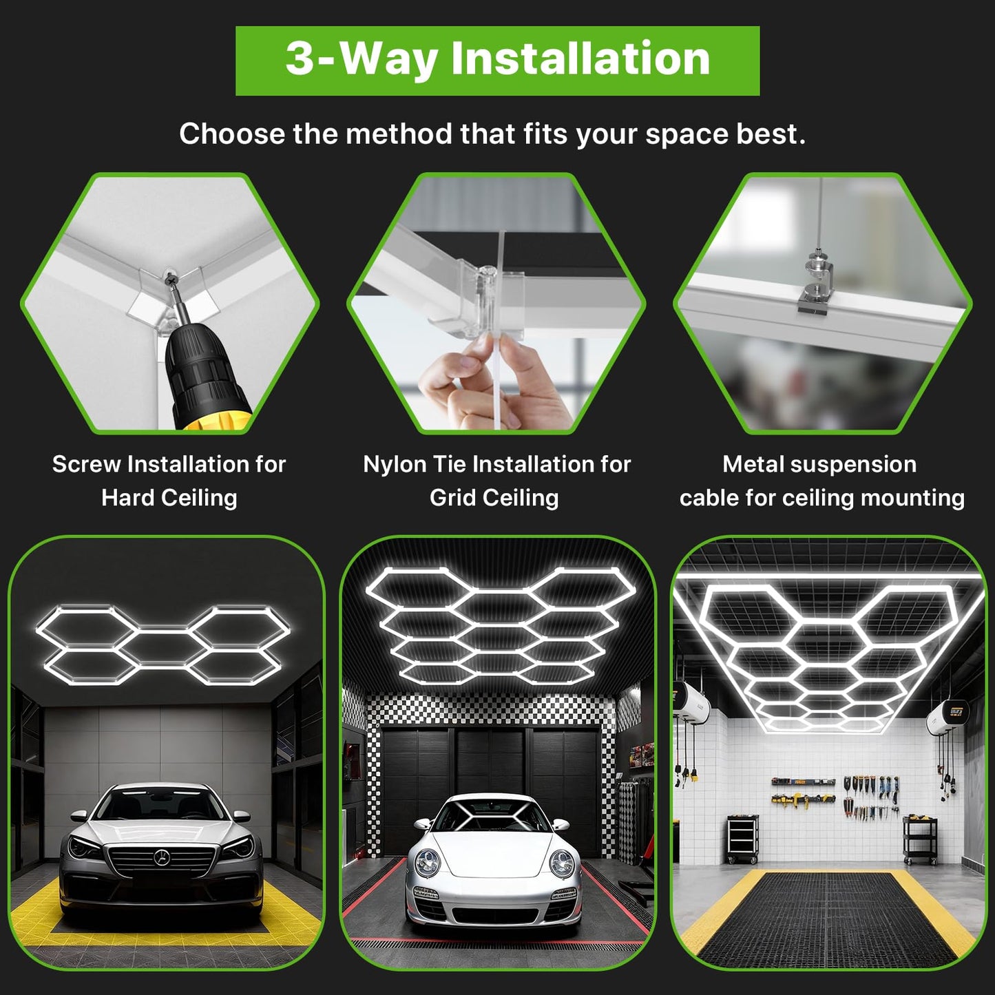Glitgate Hexagon Led Lights 3 Level Dimmable, 245W 26950LM 8 Grid Hexagonal Shop Light, 6500K Daylight White Hex Lighting, Super Bright Garage Ceiling Lights for Gym, Basement, Workshop