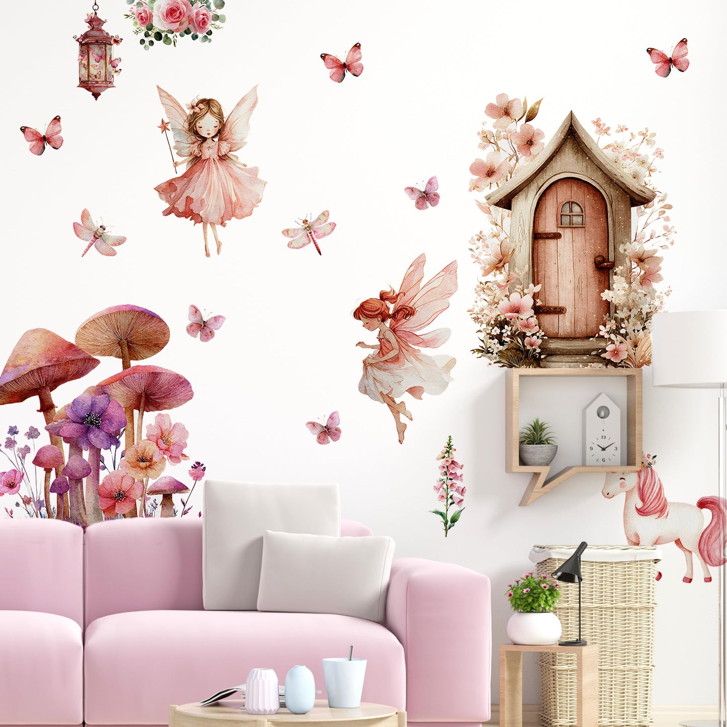 Flower Fairy Wall Decals, Mushroom Butterfly Elf Art Wall Sticker, Peel and Stick Butterfly ＆ Flowers Airy Decor for Kids Girls Room Baby Nursery Bedroom (Mushroom Fairy Wall Decals 251)