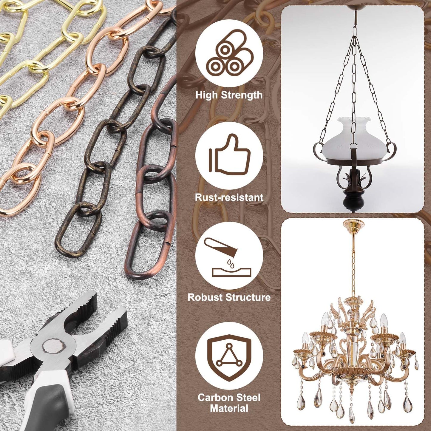 uxcell 6ft Lighting Hanging Chain, 3mm/0.12" Looping Metal Pendant Chandelier Chain Extension with 2 Quick Link Lock for Hanging Plant Pendant Chandelier Light Fixture, Red Bronze