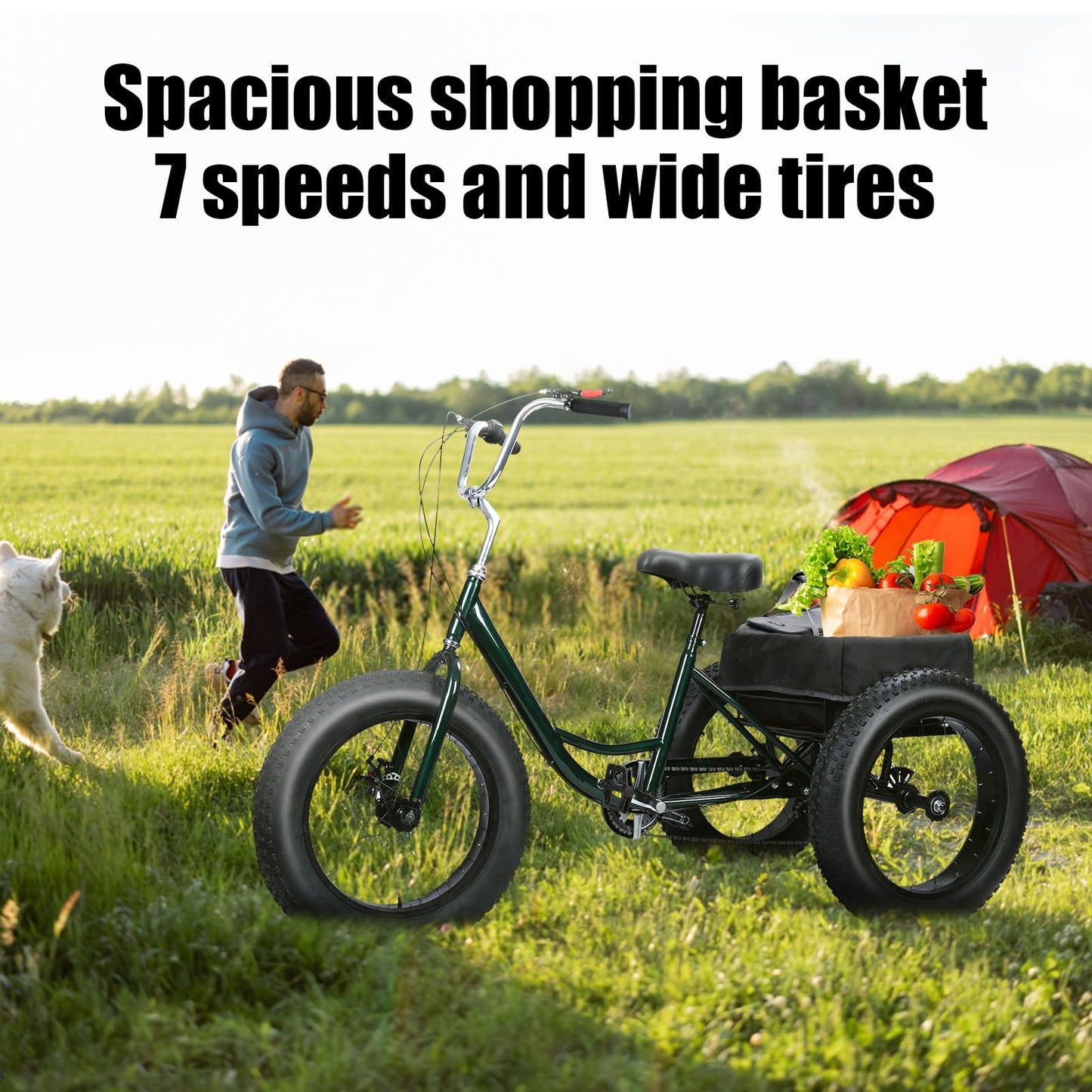 Smalibal [Fat Tires] 7-Speed Adult Tricycle 20 Inch - Stable 3 Wheel Bikes for Adults with Large Spacious Basket, Double Disc Brake, Picnic Shopping Tricycles for Seniors, Women, Men Black