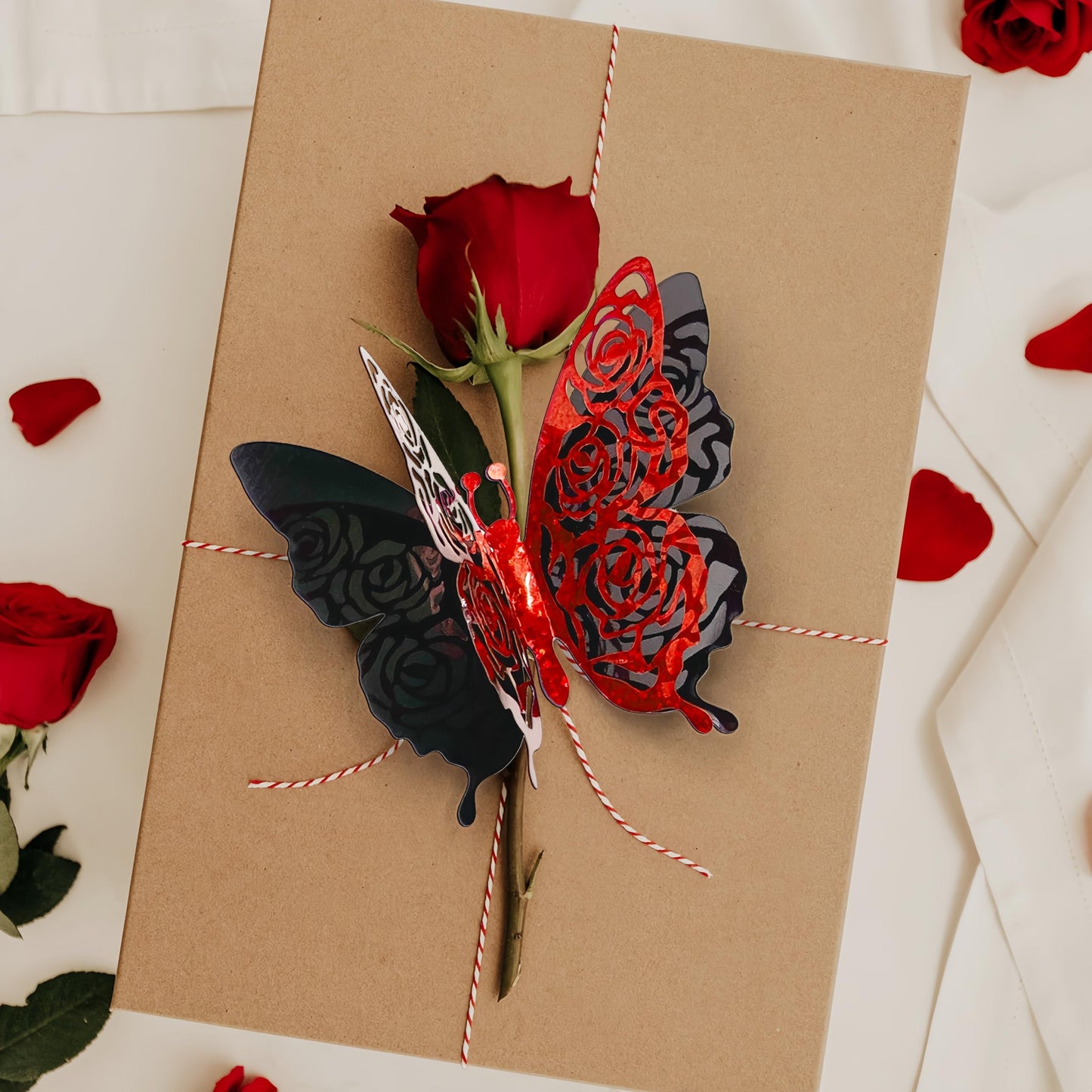 3D Red Butterfly Wall Stickers 6pcs Removable Valentine's Red Rose Butterfly Stickers Wall Decal Butterfly Wall Decals for Home and Room Decoration Wedding Bedroom Decor Living Room Sticker