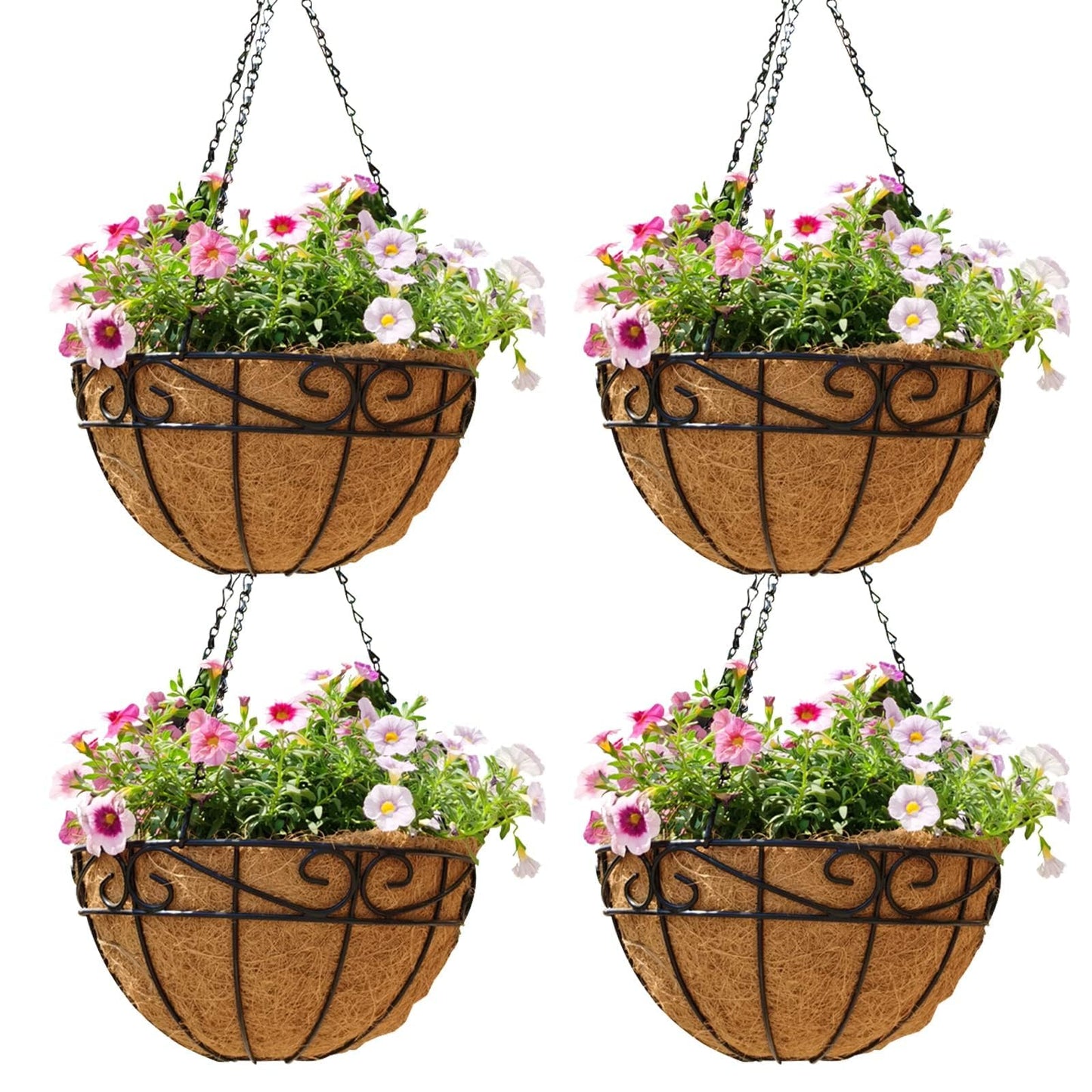 EIMQUVW Outdoor Metal Hanging Planters Basket (4pack, 10 inch) Hanging Baskets for Plants Chain Round Wire Plant Holder with Coco Fiber Liners for Garden, Patio, Deck, Porch(Flower Border)