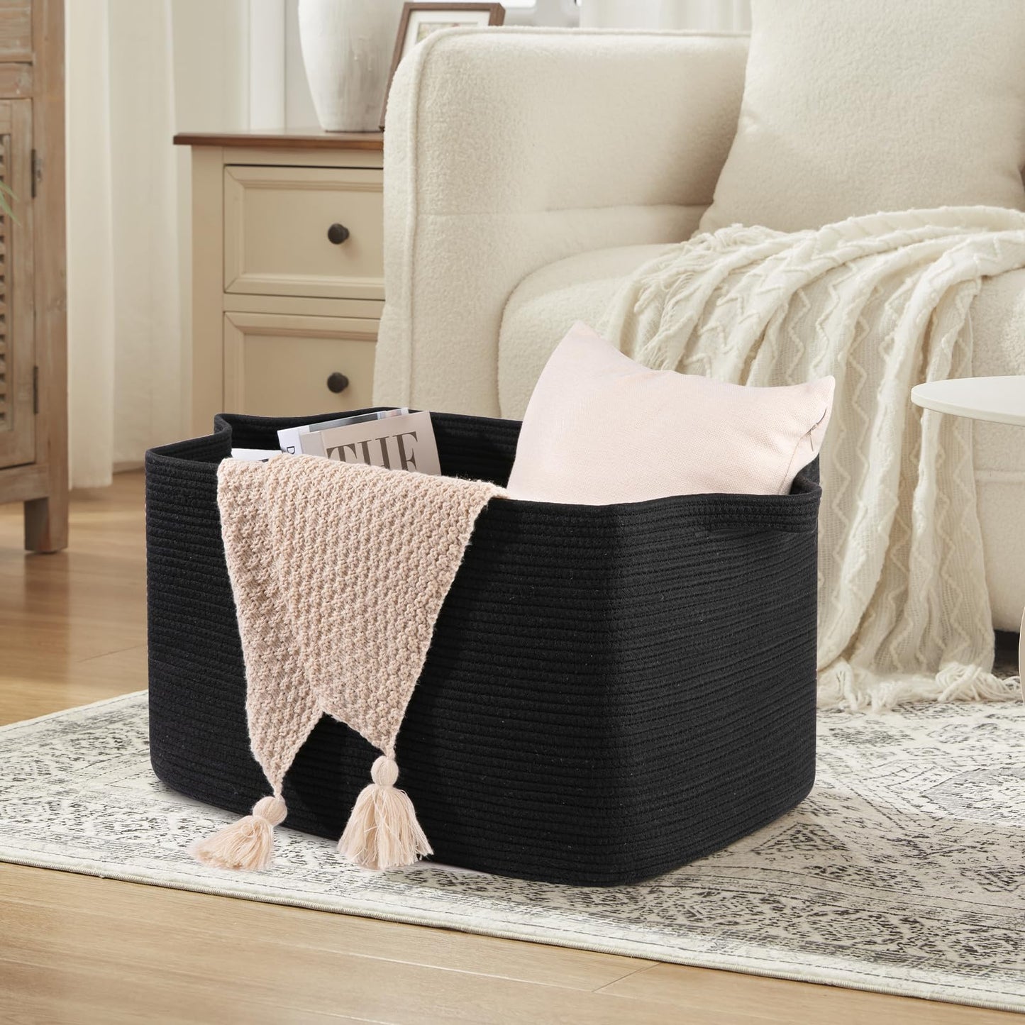 OIASKET 95L Extra Large Blanket Basket, 24" x 16.9" x 14.2" Woven Storage Basket for Living Room, Rectangle Nursery Blanket Storage for Toys, Towels, Dirty Clothes (Black)