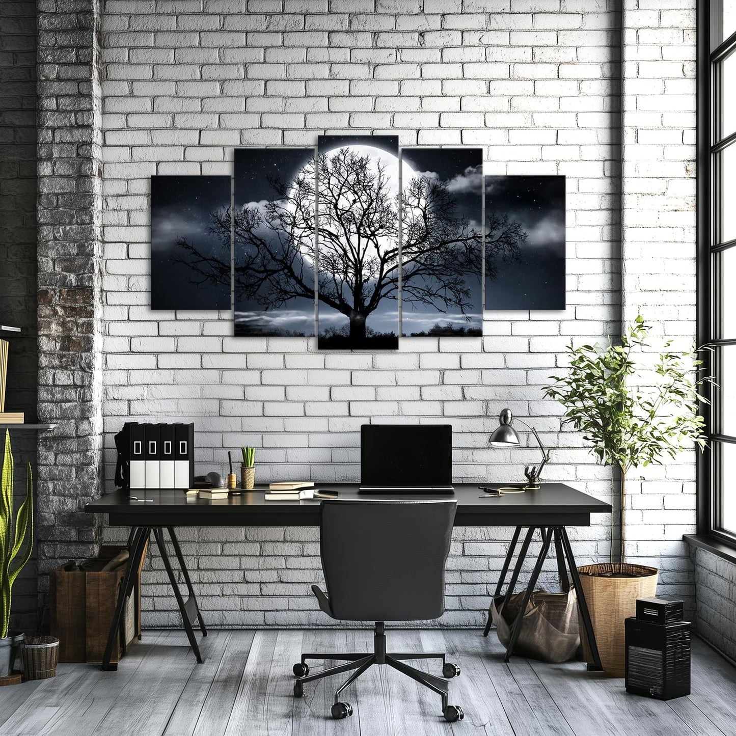 Artmyharbor Moon Night Canvas 5 Panel Wall Art Black and White Tree Silhouette Picture Modern Nature Wall Decor for Living Room