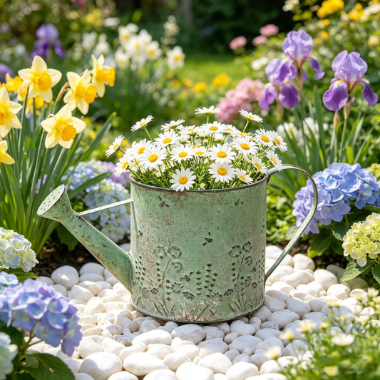 Vintage Metal Watering Can with Floral Embossed Design Garden Distressed Green Decorative Watering Pot Planter Rustic Farmhouse Waterer for Home Indoor Outdoor Garden Balcony Courtyard (Green)