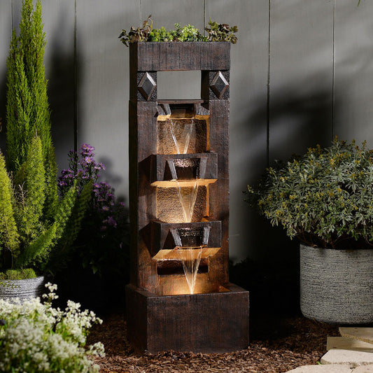 Bumilgar 40.9" H 4-Tier Indoor/Outdoor Modern Water Fountain with Led Lights and Pump, Outdoor Freestanding Cascading Waterfall - Suitable for Garden, Patio, Porch, Yard and Outdoor Decor (Brown)