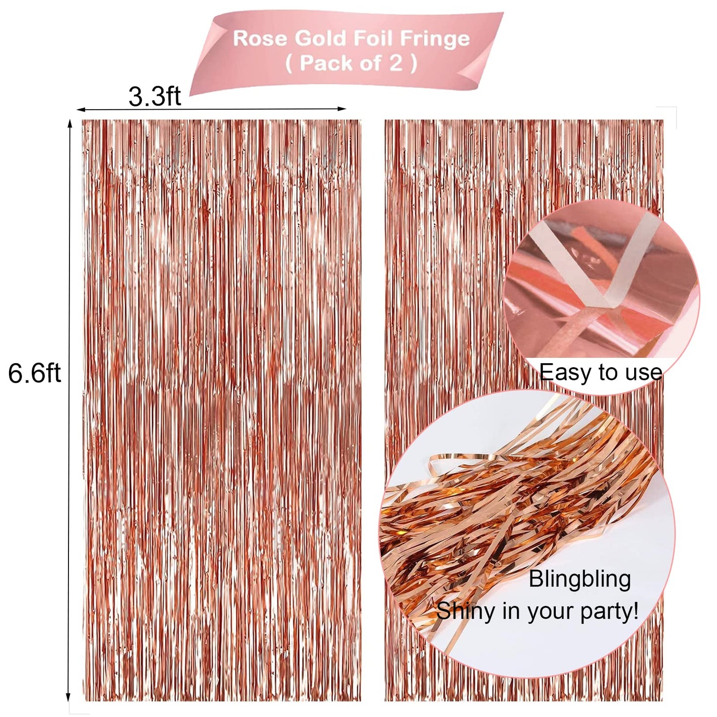 Rose Gold Birthday Party Decorations, Happy Birthday Banner, Rose Gold Fringe Curtain, Heart Star Foil Confetti Balloons, Hanging Swirls for Women Girls Birthdays Princess Party