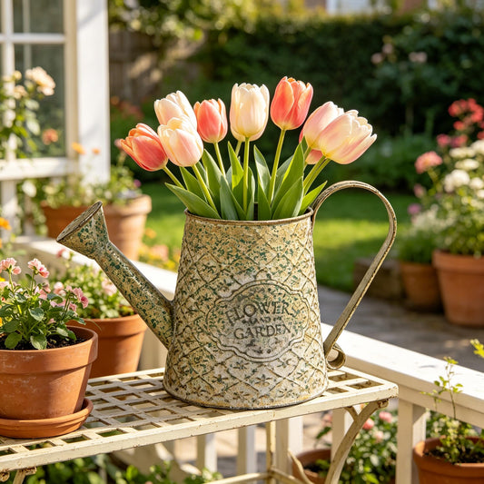 Vintage Green Metal Flower & Garden Watering Can, Rustic Farmhouse Decorative Watering Pot Planter for Home Patio Backyard Outdoor Plant Care