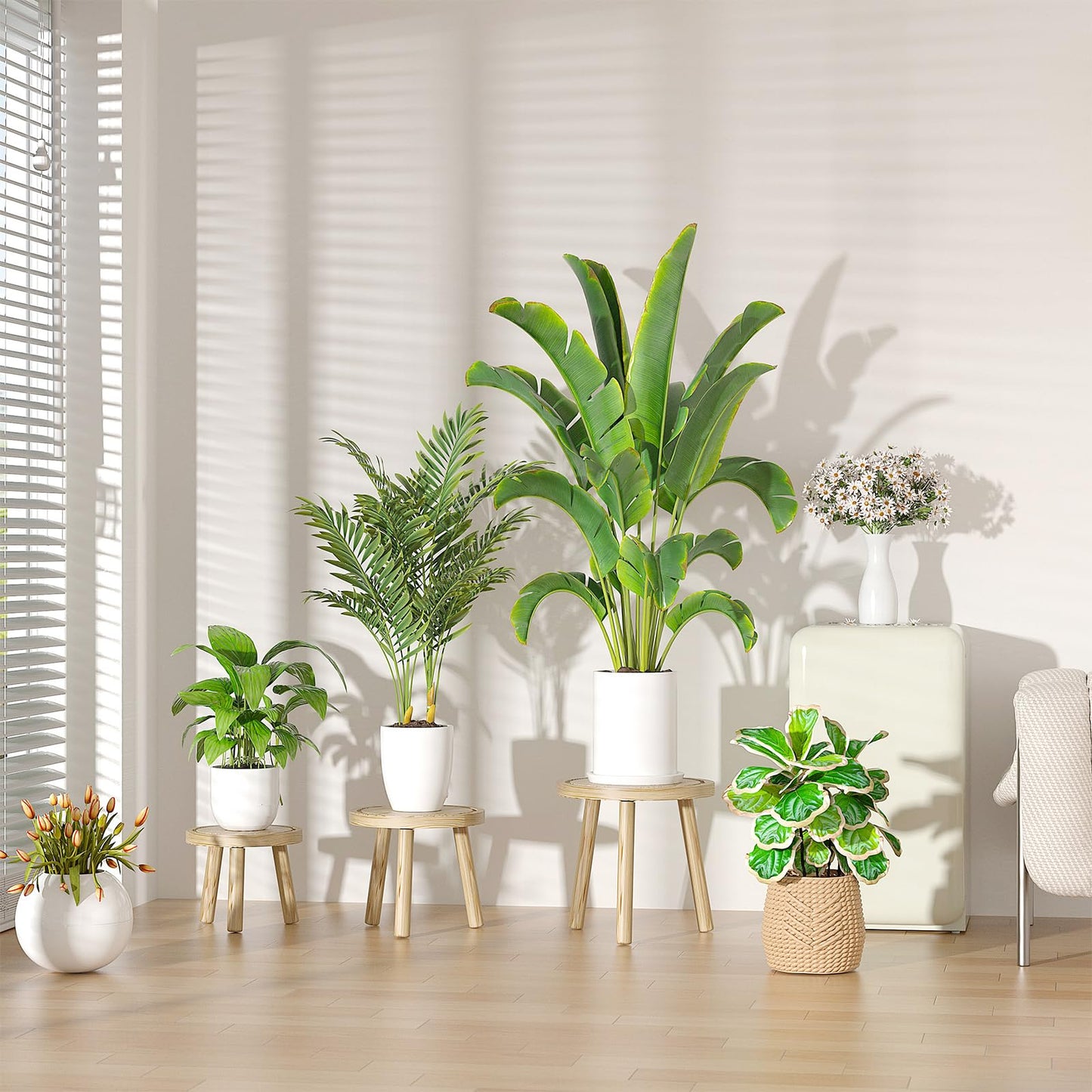 Vecxoty 5-Pack Wood Plant Stands Indoor, Single Plant Stand for 6-12 Inch Pots, Mid-Century Modern Plant Stool, Tall Plant Stand for Large Plants for Living Room, Balcony, Office (Light Brown)