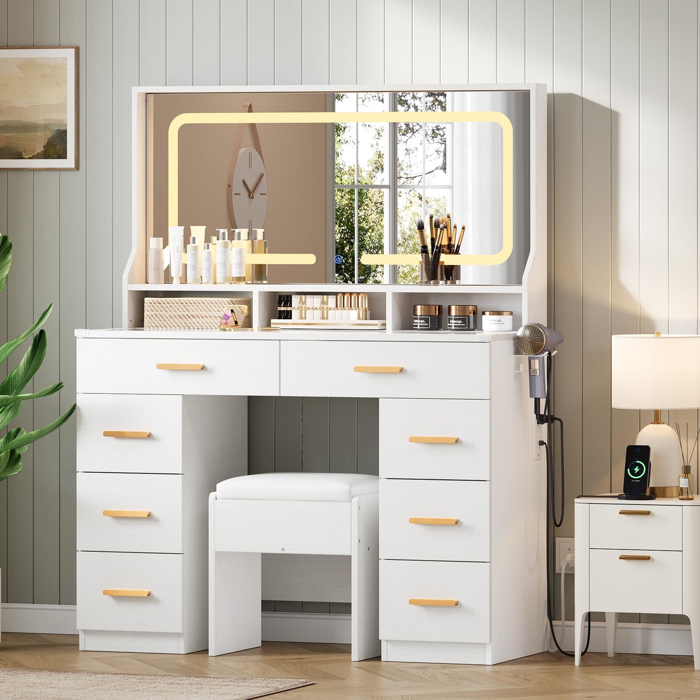 GAOMON Makeup Vanity Desk with Large Lighted Mirror, Vanity Desk with Glass Tabletop, 8 Drawers & 3 Storage Shelves, Vanity Set with Built-in Power Outlet for Bedroom & Dressing Area, White