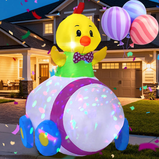 4.5FT Easter Outdoor Inflatable Decoration Chicken On Egg Motorcycle Inflatable with Built-in Colorful Rotating LED Lights Blow Up Yard Decoration for Garden Lawn Patio Party Holiday