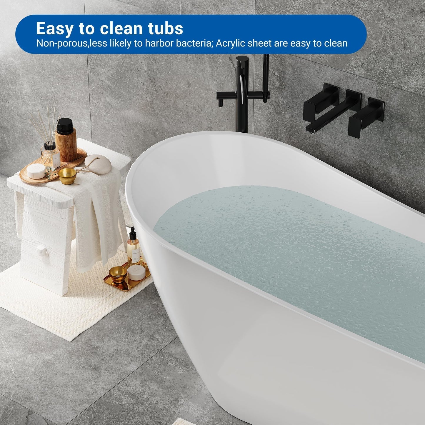 67" Freestanding Bathtub, Black Exterior White Interior Acrylic Stand Alone Soaking Tub, Modern Oval Bath with Ergonomic Design and Chrome Drain for Bathroom Remodel and Home Spa