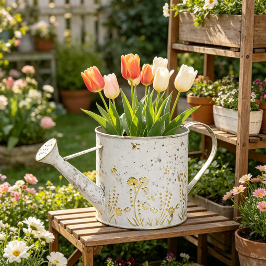 Vintage Metal Watering Can Planter, Distressed White Embossed Floral Decorative Watering Pot, Rustic Home Decor Accent for Indoor Outdoor Garden, Succulents Herbs Flowers (White)