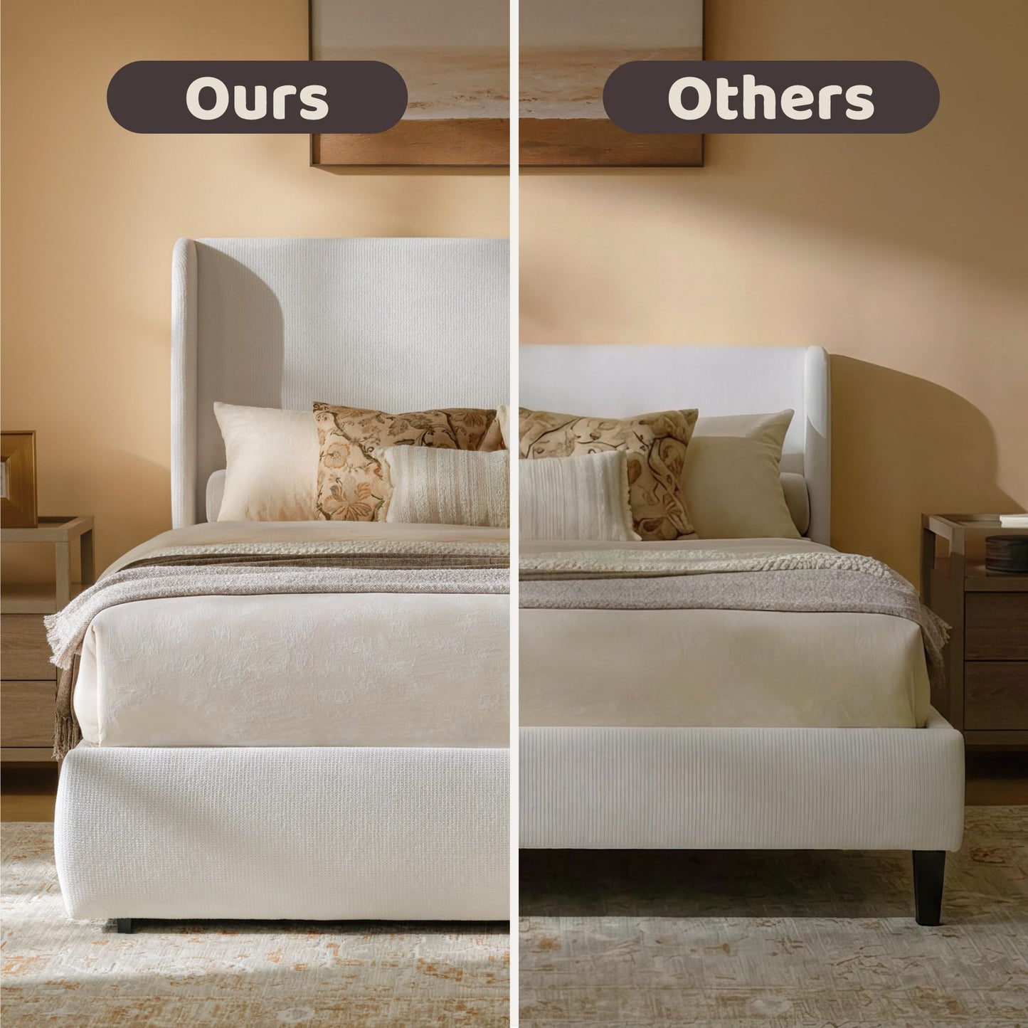 RECCI King Upholstered Wingback Bed Frame with Storage Drawers, 52” Tall Cushioned Headboard, Soft Edges, Low Profile Platform Bed, Sturdy Wood Slats, No Box Spring Needed, Ivory White Canvas