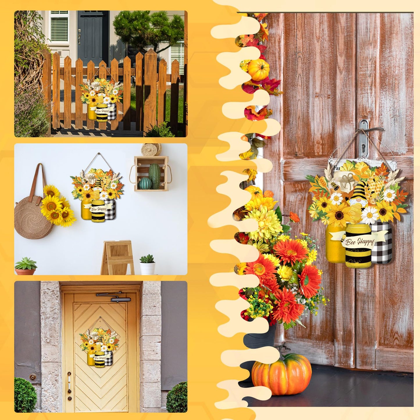 Bee Welcome Sign Wooden Yellow Bee Sign Bee Flower Gnome Wood Hanging Door Decor Farmhouse Porch Outdoor Front Door Decorations Supplies (Bee Style)