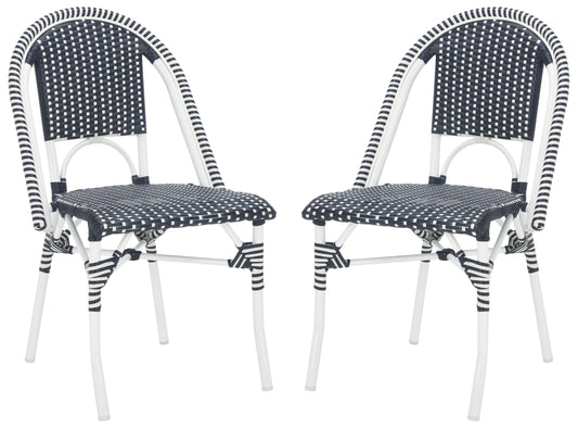 SAFAVIEH Outdoor - Torino Bistro Chair Set of 2 - Navy & White - Faux Wicker & Aluminum Frame - Bistro Side Chair Design - Ideal for Patio, Deck, Sunroom, Dining Area, 18" Seat Height (PAT7550F-SET2)