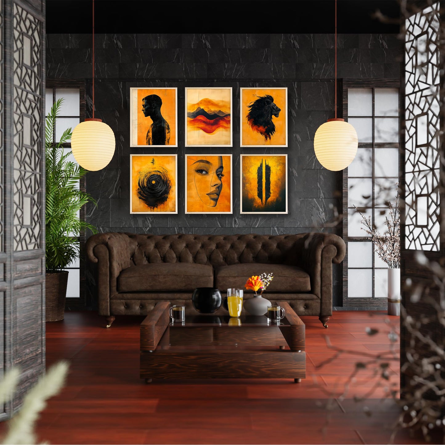 Eastern Print Set of 6 Abstract Masculine Wall Art Prints – Bold Orange & Black Lion, Silhouette, Face Line Posters – Modern Unframed 8x10 Decor for Men’s Room, Office, Man Cave or Creative Studio