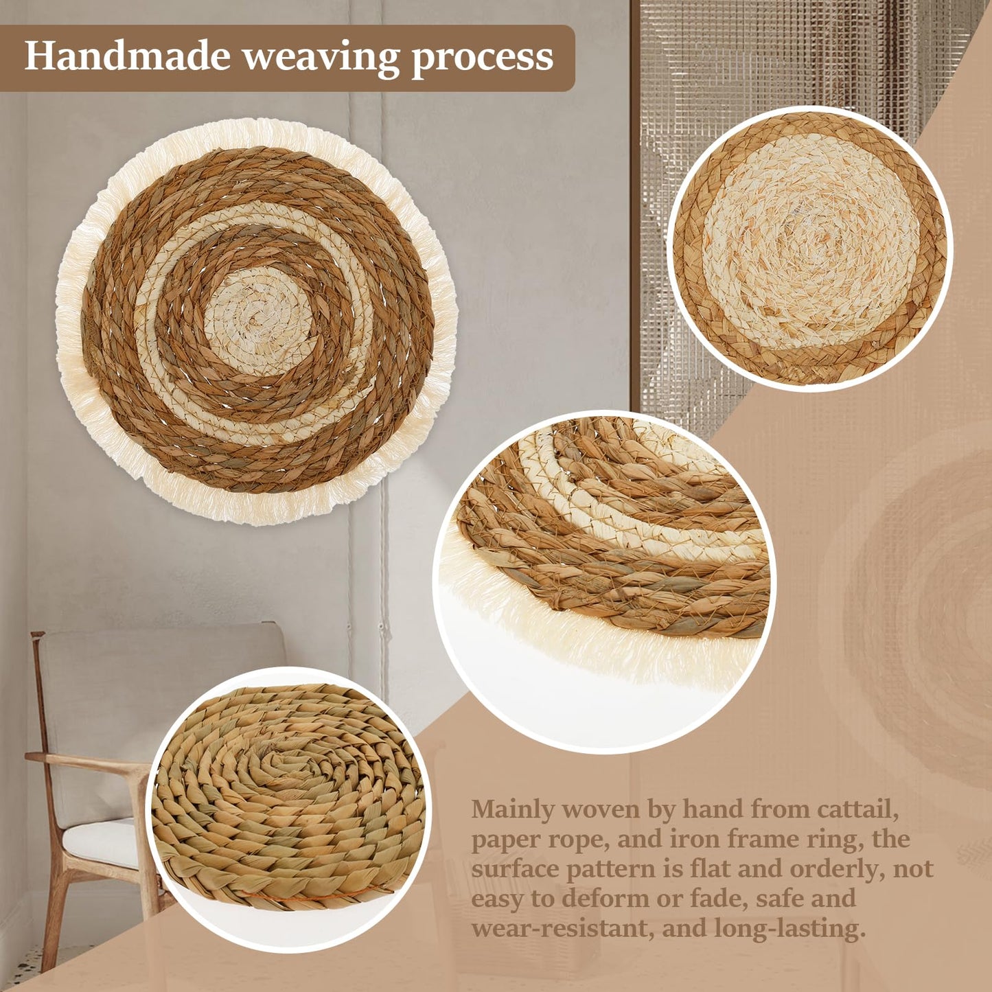 PieJoFpy 7 Pcs Boho Wall Art Decor Hanging Handcrafted Seagrass Woven Basket Wall Decor Round Bohemian Basket Wall Art Set for Farmhouse Home Room Rustic Decorations Table, Multi Sizes