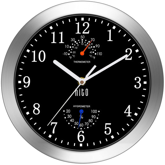 HITO 10 Inch Silent Wall Clock Battery Operated Non Ticking Glass Cover Silver Aluminum Frame, for Kitchen, Bedroom, Home Office, Living Room Decor (Black)