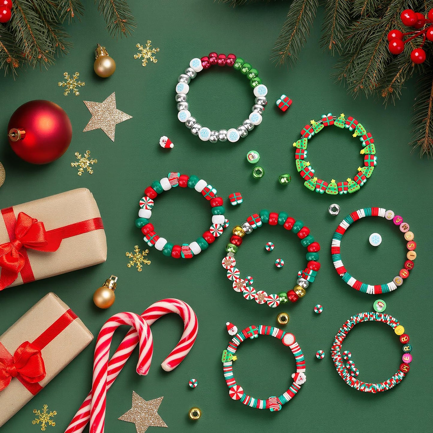 Gionlion Christmas Beads Bracelet Making Kit, 800 Pcs Polymer Clay Beads Jewelry Kit for Girls, Holiday DIY Craft with Christmas Crafts Charms, Perfect Stocking Stuffer for Kids