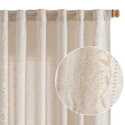 Lazzzy Linen Curtains for Living Room Bedroom 63 Inches Length Embroidered Floral Curtains Farmhouse Rod Pocket Drapes Light Filtering Window Treatments Ivory on Beige 2 Panels Set
