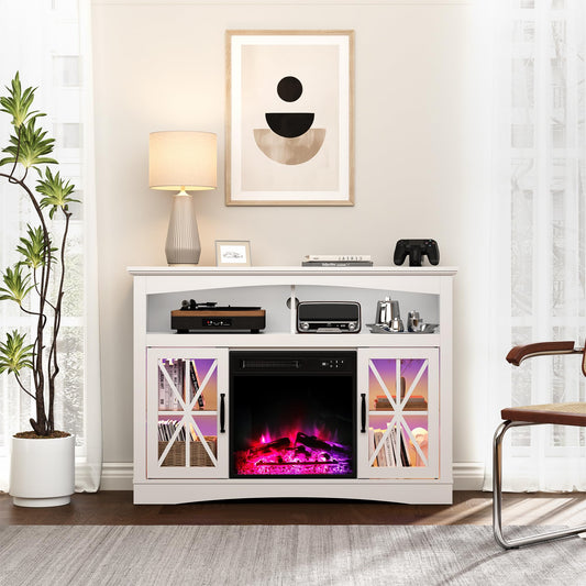 FansaFurn 47'' Farmhouse TV Stand with Fire Place and Adjustable Shelves, Retro TV Console with Glass Doors, Media Entertainment Center Storage Cabinet for Living Room, Bedroom, White