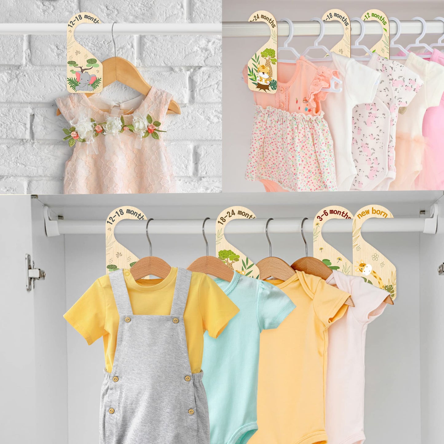 R HORSE 8Pcs Safari Baby Closet Dividers, Double Sided Nursery Hanger Dividers Wood Baby Closet Size Organizers for Boy Girl Birthday Christmas Gift (0-24 Months)