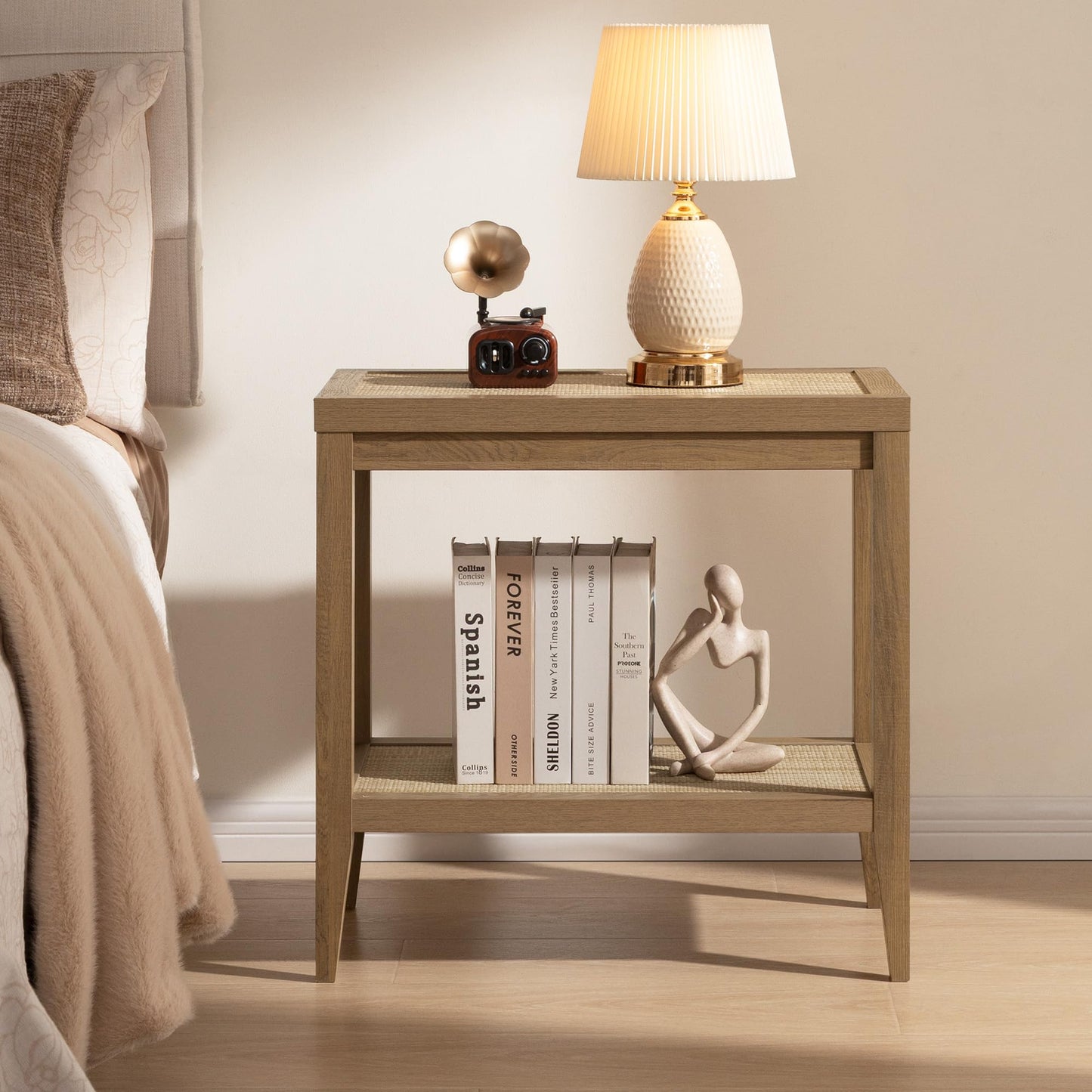 SICOTAS Rattan Night Stand Bedside Table - Farmhouse Boho Narrow End Table for Living Room - Accent Side Table with 2 Rattan Open Storage Shelves for Bedroom, Small Spaces